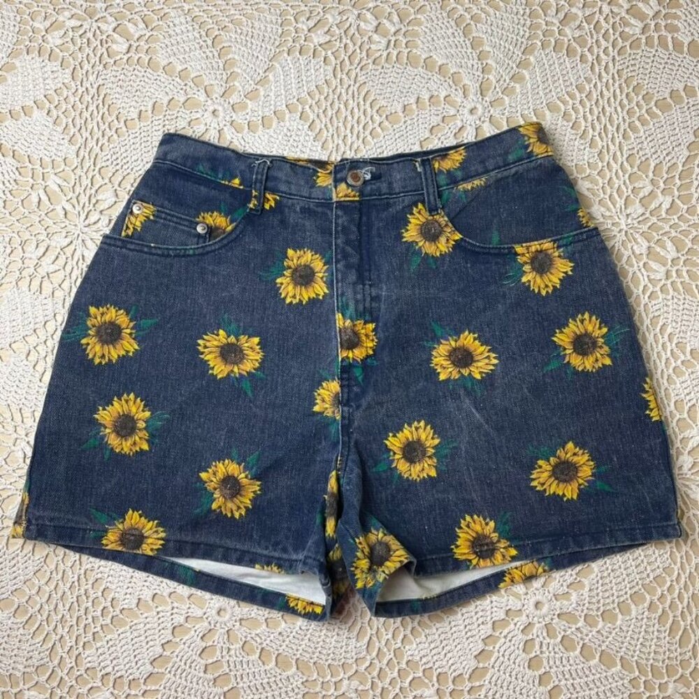 Vintage 1990s Cyclone Women's Juniors 11 Black Sunflower AOP Denim Shorts